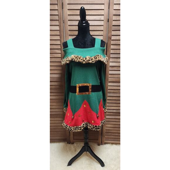Mrs. Claus Christmas New Sweater Dress XL 16/18 Leopard Print Knit Cold Shoulder - Picture 2 of 8